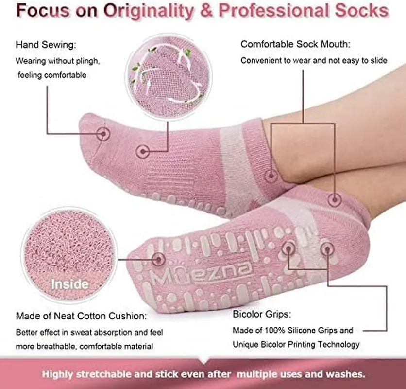 Non Slip Socks for Women, Anti-Skid Pilates, Barre, Hospital Socks with Grips, Size 5-10