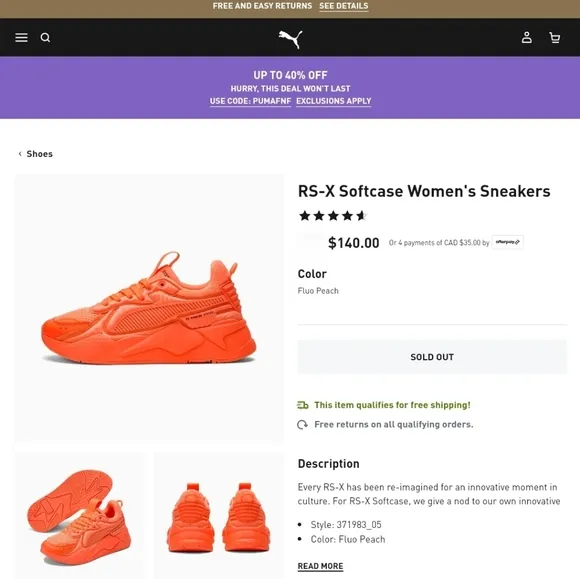 Puma RS-X 'Softcase' Fluo Peach Sneakers Wo.8 (6.5Y)