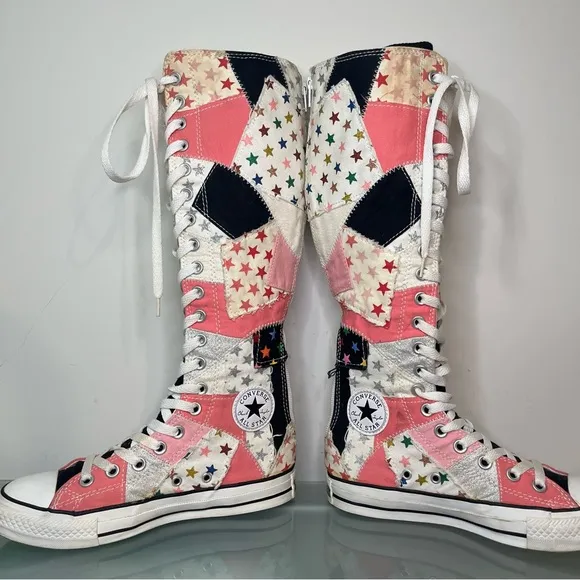 Rare Converse Knee High All Star Shoes Womens Size 6 Pink Black Patchwork Stars
