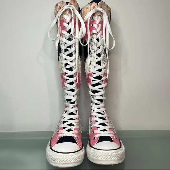 Rare Converse Knee High All Star Shoes Womens Size 6 Pink Black Patchwork Stars