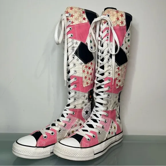 Rare Converse Knee High All Star Shoes Womens Size 6 Pink Black Patchwork Stars