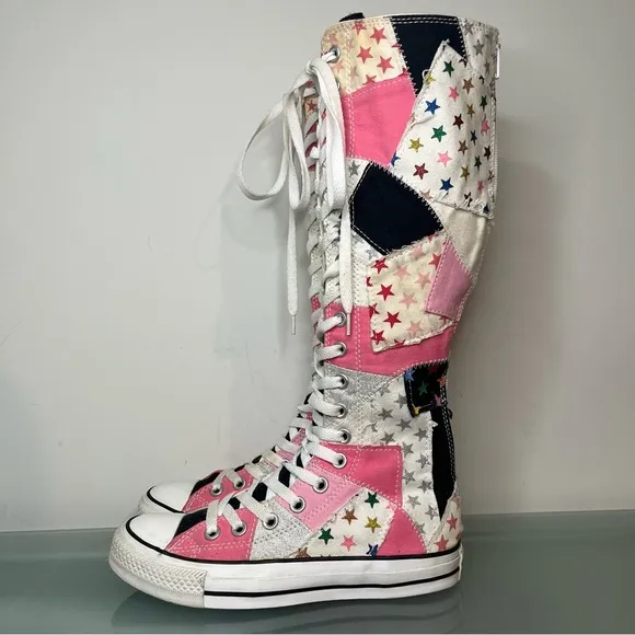 Rare Converse Knee High All Star Shoes Womens Size 6 Pink Black Patchwork Stars