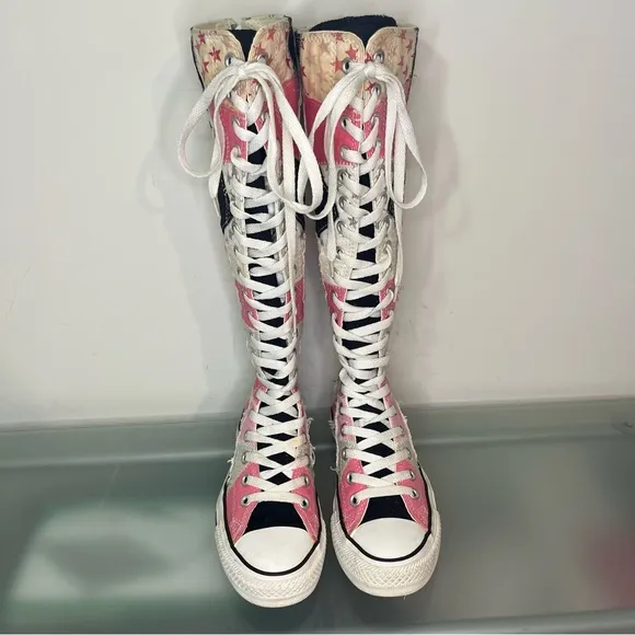 Rare Converse Knee High All Star Shoes Womens Size 6 Pink Black Patchwork Stars