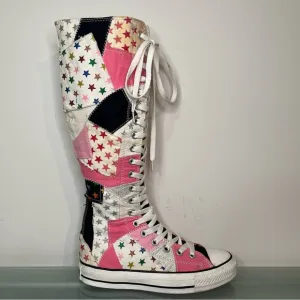 Rare Converse Knee High All Star Shoes Womens Size 6 Pink Black Patchwork Stars