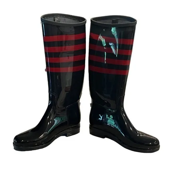 RARE Tommy Hilfiger Blue Red Striped Tall Waterproof Rain Boots HTF