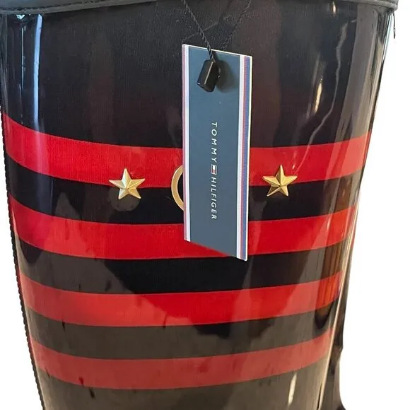 RARE Tommy Hilfiger Blue Red Striped Tall Waterproof Rain Boots HTF