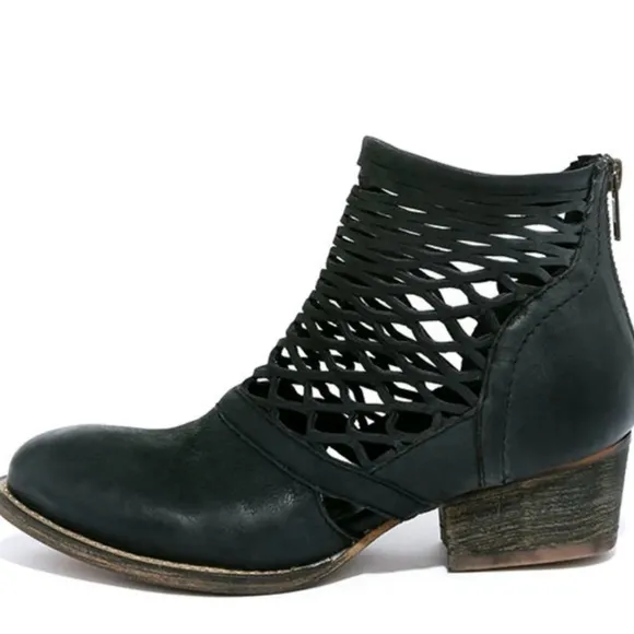 Rebels Cali Black Leather Cutout Ankle Boots Oil-rubbed 3.5” heel worn-in look.