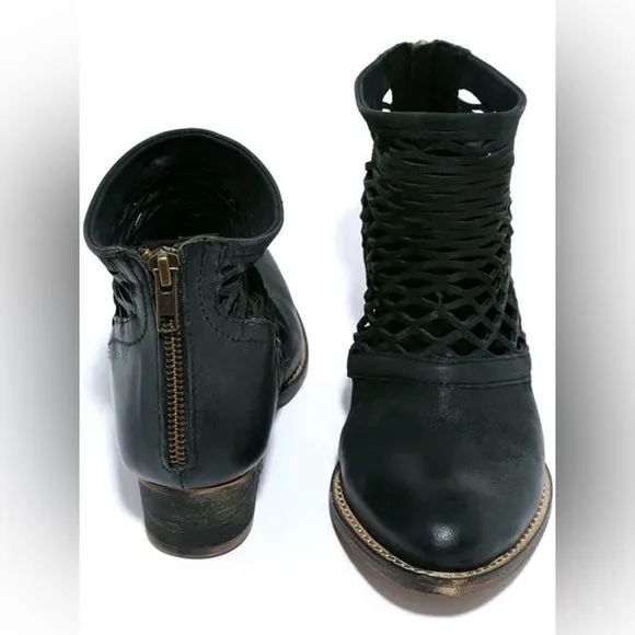 Rebels Cali Black Leather Cutout Ankle Boots Oil-rubbed 3.5” heel worn-in look.