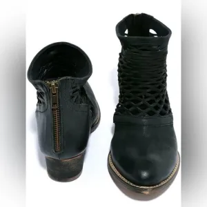 Rebels Cali Black Leather Cutout Ankle Boots Oil-rubbed 3.5” heel worn-in look.