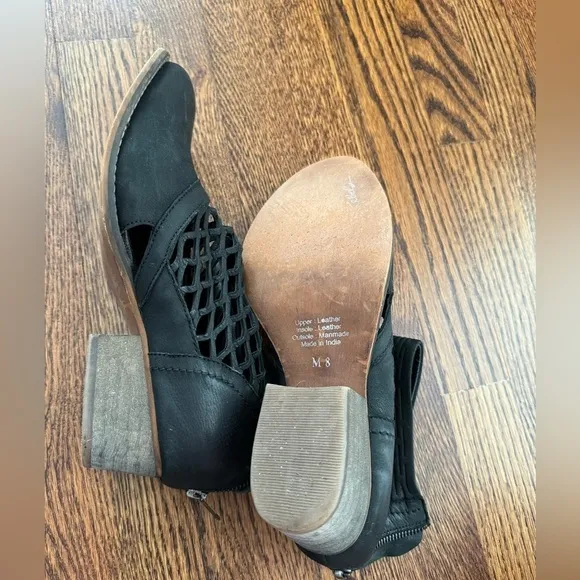Rebels Cali Black Leather Cutout Ankle Boots Oil-rubbed 3.5” heel worn-in look.