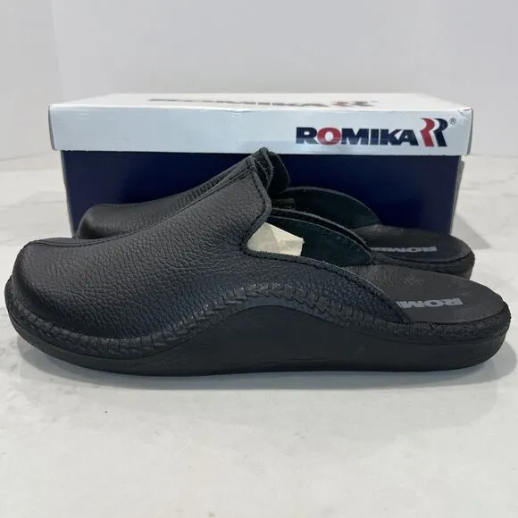 Romika Mens EU 42 ( M 8.5 - 9, W 11) Mokasso Black Leather Slippers Shoes Mules