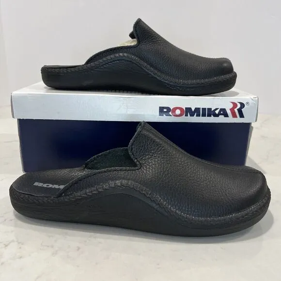 Romika Mens EU 42 ( M 8.5 - 9, W 11) Mokasso Black Leather Slippers Shoes Mules