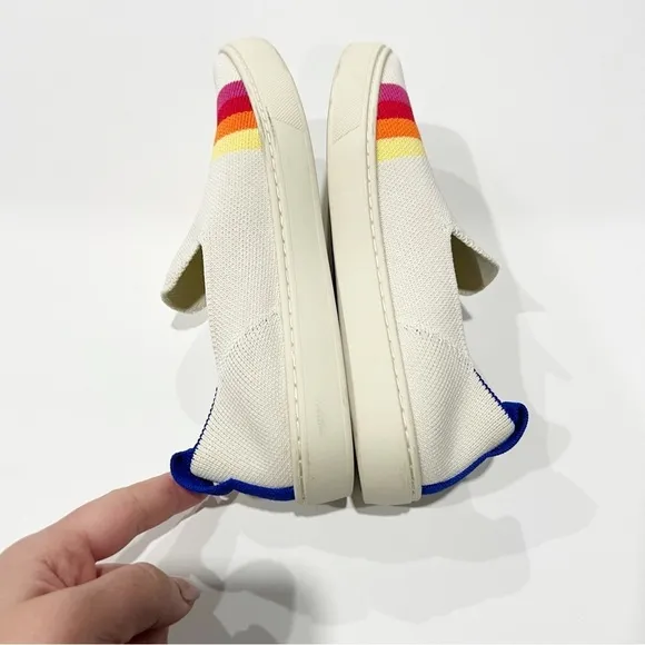 Rothy's Pink Candy Stripe slip on sneakers BIG KIDS 4 White Rainbow