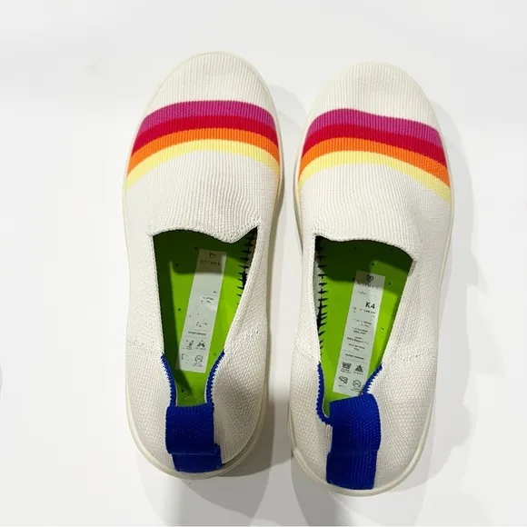 Rothy's Pink Candy Stripe slip on sneakers BIG KIDS 4 White Rainbow