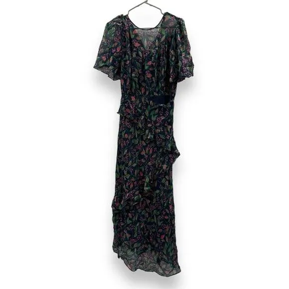 RTR Saloni‎ Vida Ruffled Silk Georgette Asymmetric Hem Floral Midi Dress Sz 6