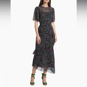 RTR Saloni‎ Vida Ruffled Silk Georgette Asymmetric Hem Floral Midi Dress Sz 6