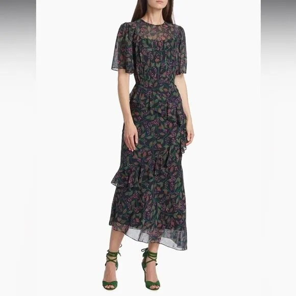 RTR Saloni‎ Vida Ruffled Silk Georgette Asymmetric Hem Floral Midi Dress Sz 6