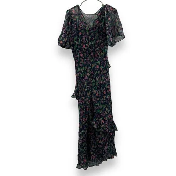 RTR Saloni‎ Vida Ruffled Silk Georgette Asymmetric Hem Floral Midi Dress Sz 6