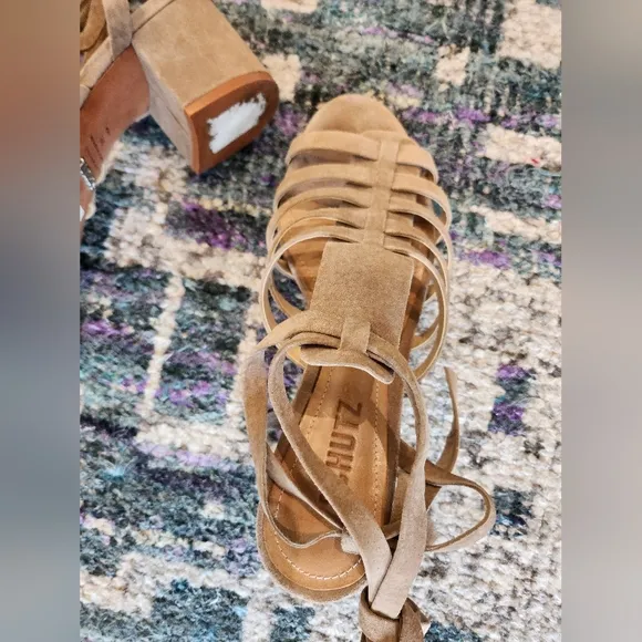 Schutz Tan Suede Lace Up Strappy Block Heel Open Toe Melancy Sandal