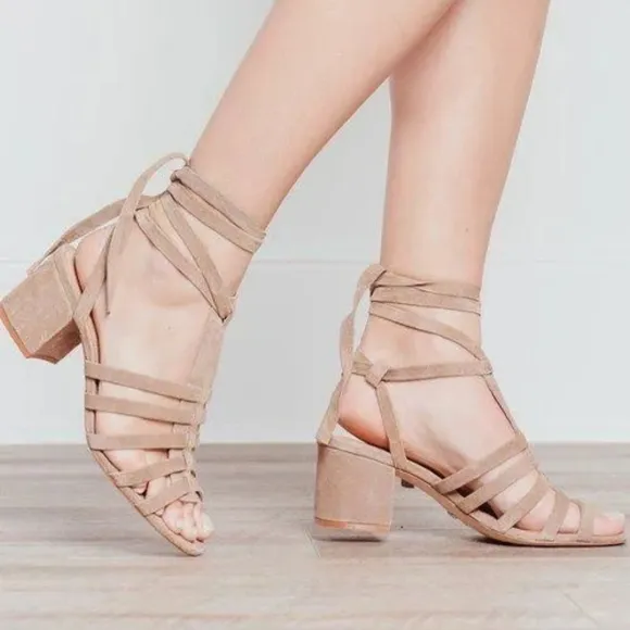 Schutz Tan Suede Lace Up Strappy Block Heel Open Toe Melancy Sandal