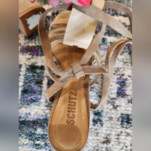 Schutz Tan Suede Lace Up Strappy Block Heel Open Toe Melancy Sandal