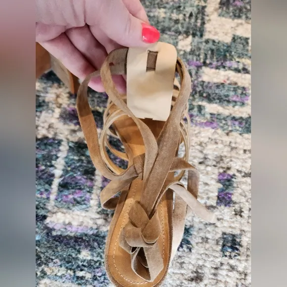 Schutz Tan Suede Lace Up Strappy Block Heel Open Toe Melancy Sandal