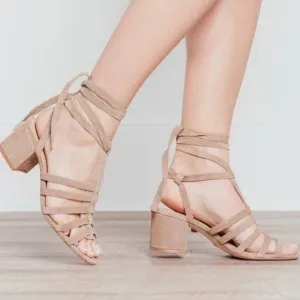 Schutz Tan Suede Lace Up Strappy Block Heel Open Toe Melancy Sandal