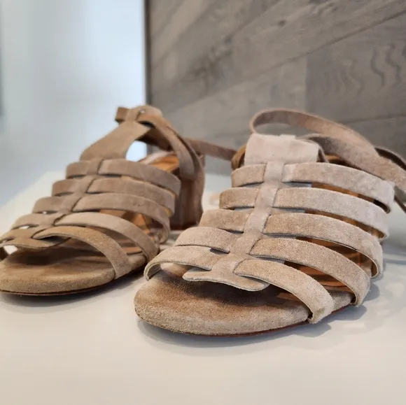 Schutz Tan Suede Lace Up Strappy Block Heel Open Toe Melancy Sandal