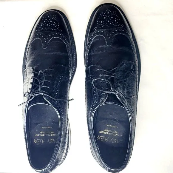 Sears Easy Flex 70128 VTG Black Wing Tip Lace Up Shoes 10.5 Pebbled Leather