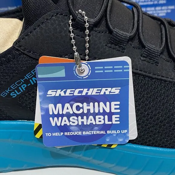 Skechers Slip-ins BOBS Squad Chaos Tough Walk Men’s 7 Black Turquoise Hands Free