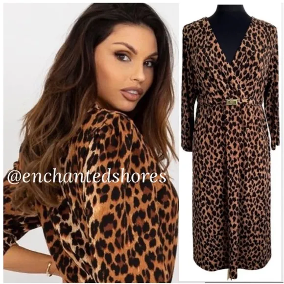 Slinky Leopard Dress Sexy Flowy Wrap Stretch Gold Brown Black Size Small