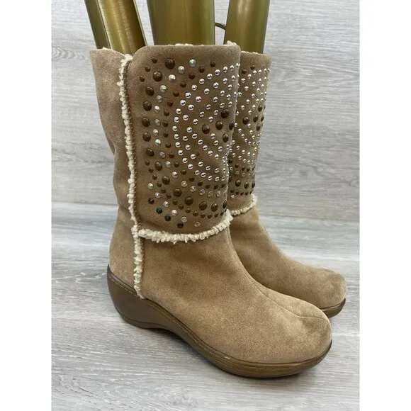 Softwalk Manistee Stud Women's Boots Brown Leather 7.5N Lined Wedge Shoes