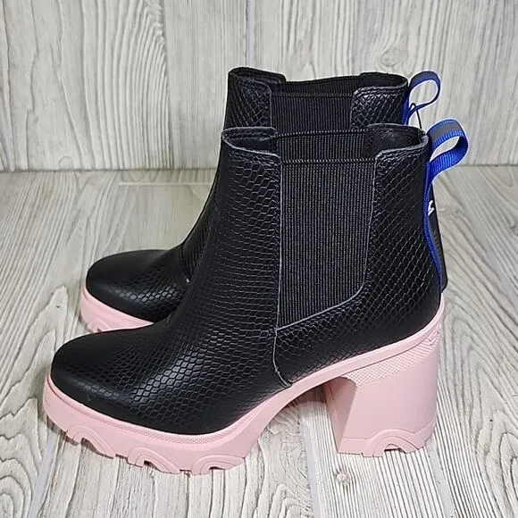 Sorel Brex Heel Chelsea Boots Black Pink Leather Womens Size 7 NEW