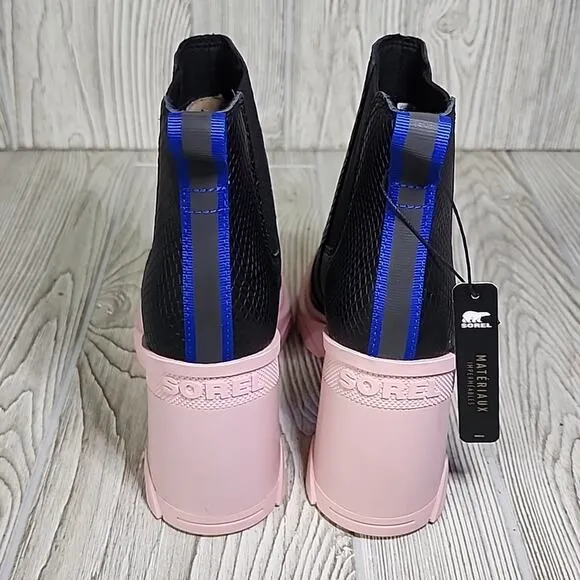 Sorel Brex Heel Chelsea Boots Black Pink Leather Womens Size 7 NEW