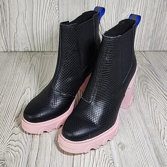 Sorel Brex Heel Chelsea Boots Black Pink Leather Womens Size 7 NEW