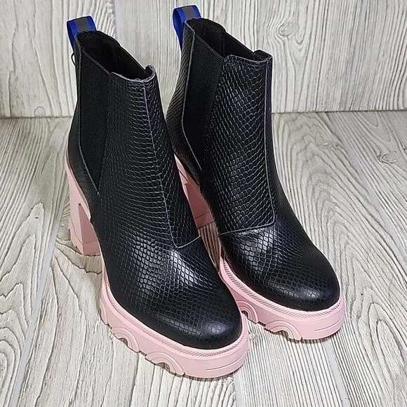 Sorel Brex Heel Chelsea Boots Black Pink Leather Womens Size 7 NEW