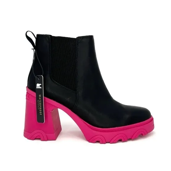 Sorel Brex Waterproof Chelsea Ankle Boots Size 7.5 Platform Black Pink New NWT