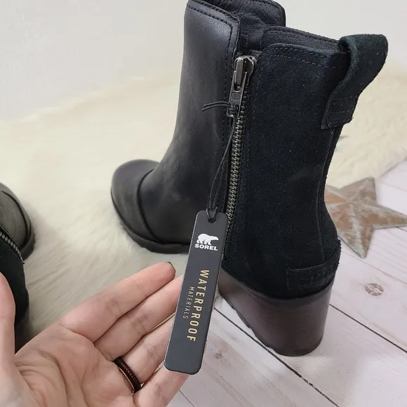 Sorel Cate bootie waterproof black leather ankle boots lug sole size 9.5 NEW NWT