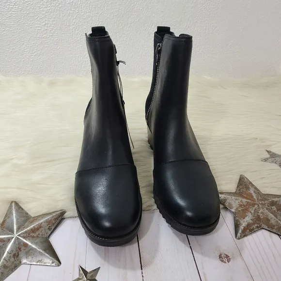 Sorel Cate bootie waterproof black leather ankle boots lug sole size 9.5 NEW NWT
