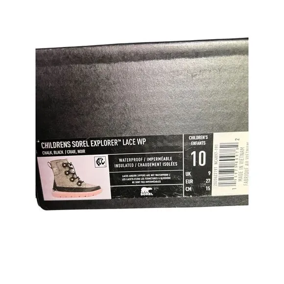Sorel children girls 10 explorer lace pink black waterproof insulated boots