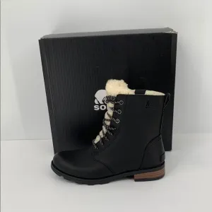 Sorel Emelie Short Lace Cozy Boots black leather shearling winter waterproof 8