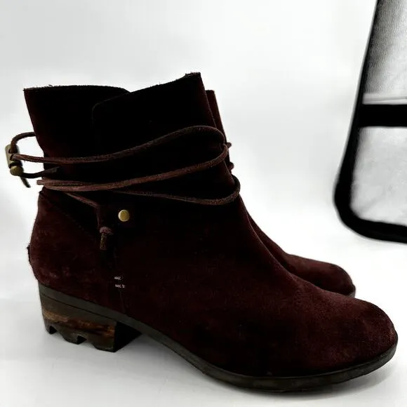 Sorel Farah Short Waterproof Ankle Boots Tasseled Tie Suede Heeled Redwood 8