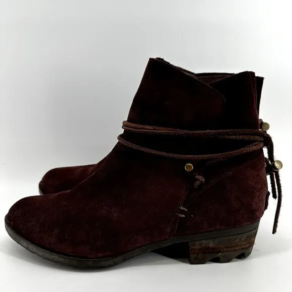 Sorel Farah Short Waterproof Ankle Boots Tasseled Tie Suede Heeled Redwood 8