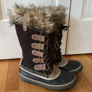 Sorel Joan of Arctic Snow Boots Black Faux Fur Size 8 Brown Fur Cuff