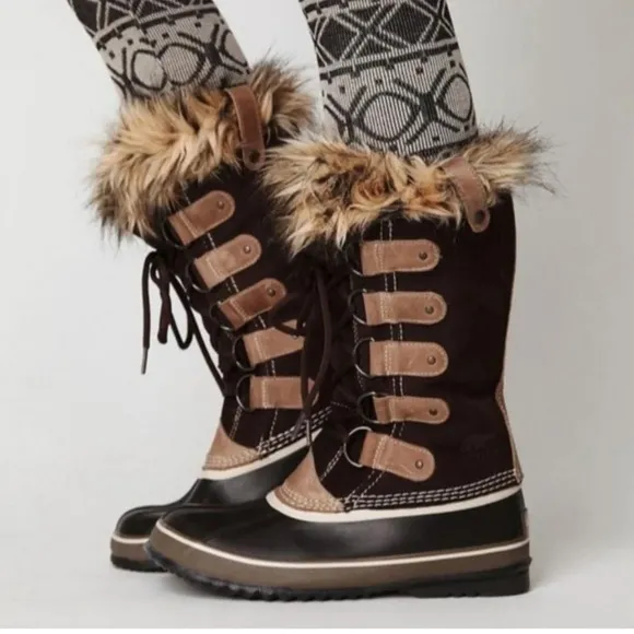 Sorel Joan of Arctic Snow Boots Black Faux Fur Size 8 Brown Fur Cuff