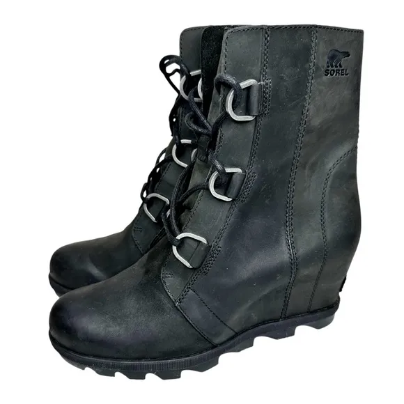 Sorel Joan of Arctic Wedge II Ankle Boots Black Leather SZ 10