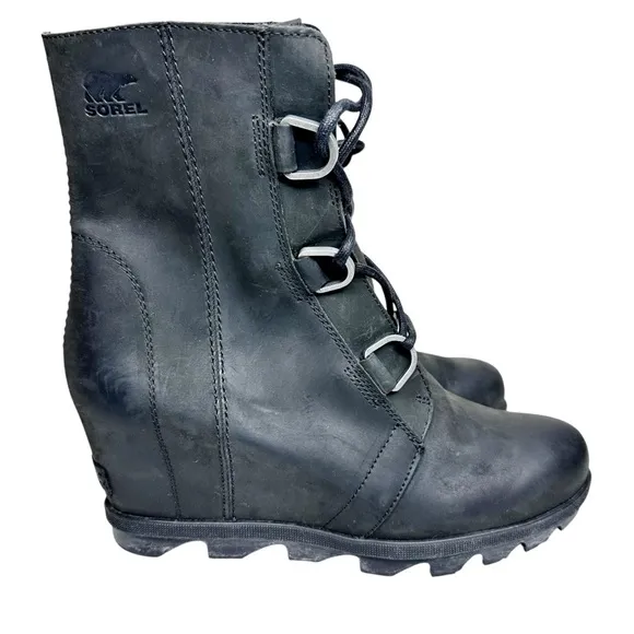 Sorel Joan of Arctic Wedge II Ankle Boots Black Leather SZ 10