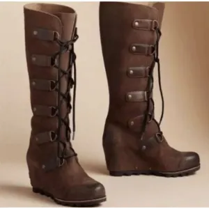 SOREL Joan Of Artic Lace Up Waterproof Leather Tall Wedge Boots Brown Sz 7