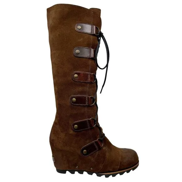 SOREL Joan Of Artic Lace Up Waterproof Leather Tall Wedge Boots Brown Sz 7