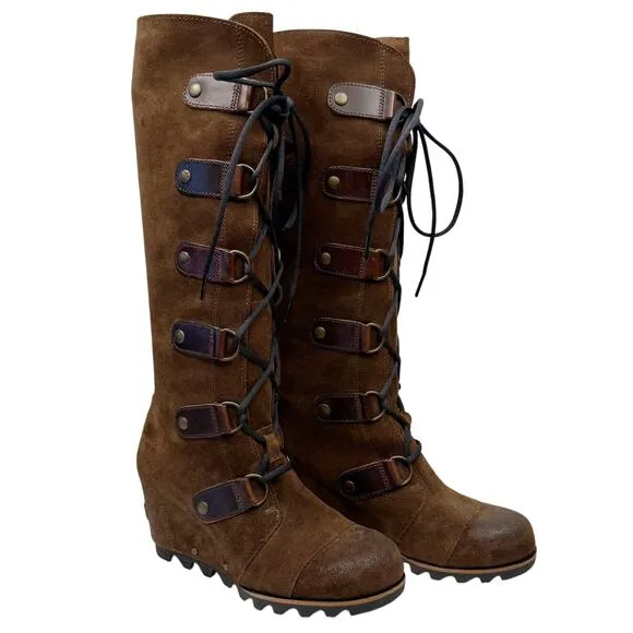 SOREL Joan Of Artic Lace Up Waterproof Leather Tall Wedge Boots Brown Sz 7